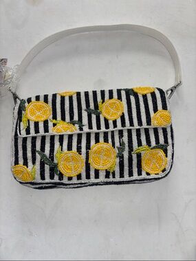 BLACK AND WHITE STRIPE BEADED BAG WITH LEMON DESIGN DOUBLE SNAP CLOSURE NWTS